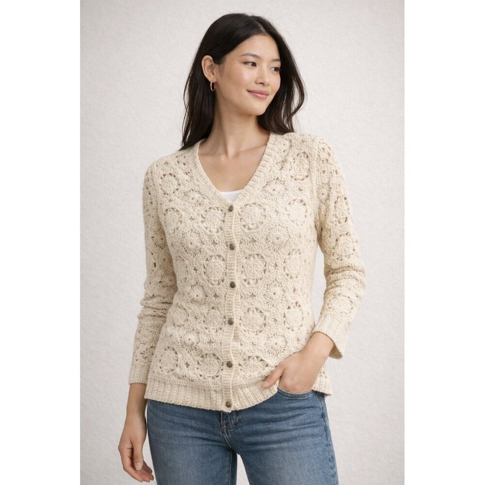 Women's Cream Crochet V-neck 100% Cotton Cardigan US S